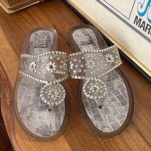 Stuart Weitzman Size 8 Clear T-Strap Silver Rhinestone Jelly Flip Flop Sandals